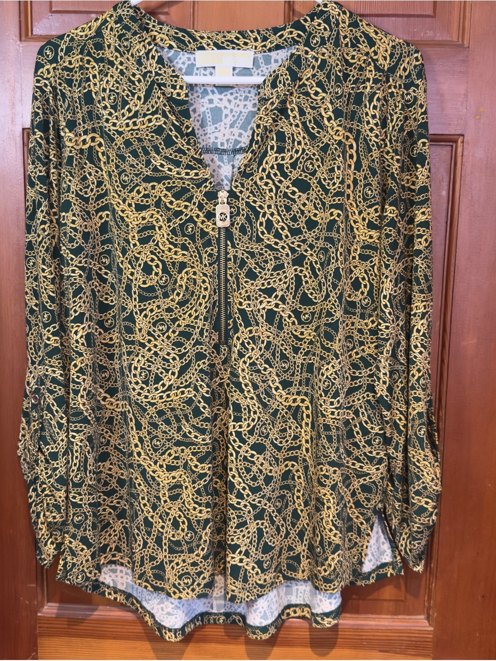 Michael Kors Green Button-Front Shirt with Gold Chain Print